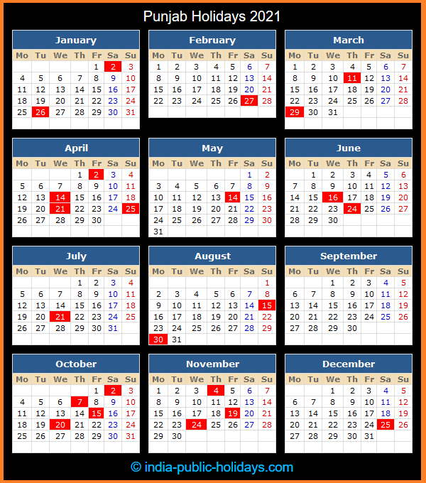 Punjab Holiday Calendar 2021